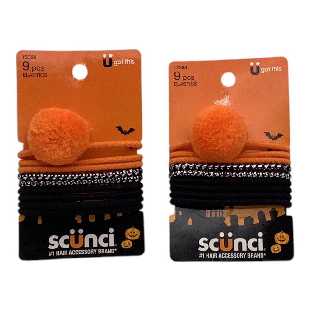 Scünci Halloween Hair Ties 9 Pcs Black Orange W/ Pom-Pom Accessory Elastic Bands